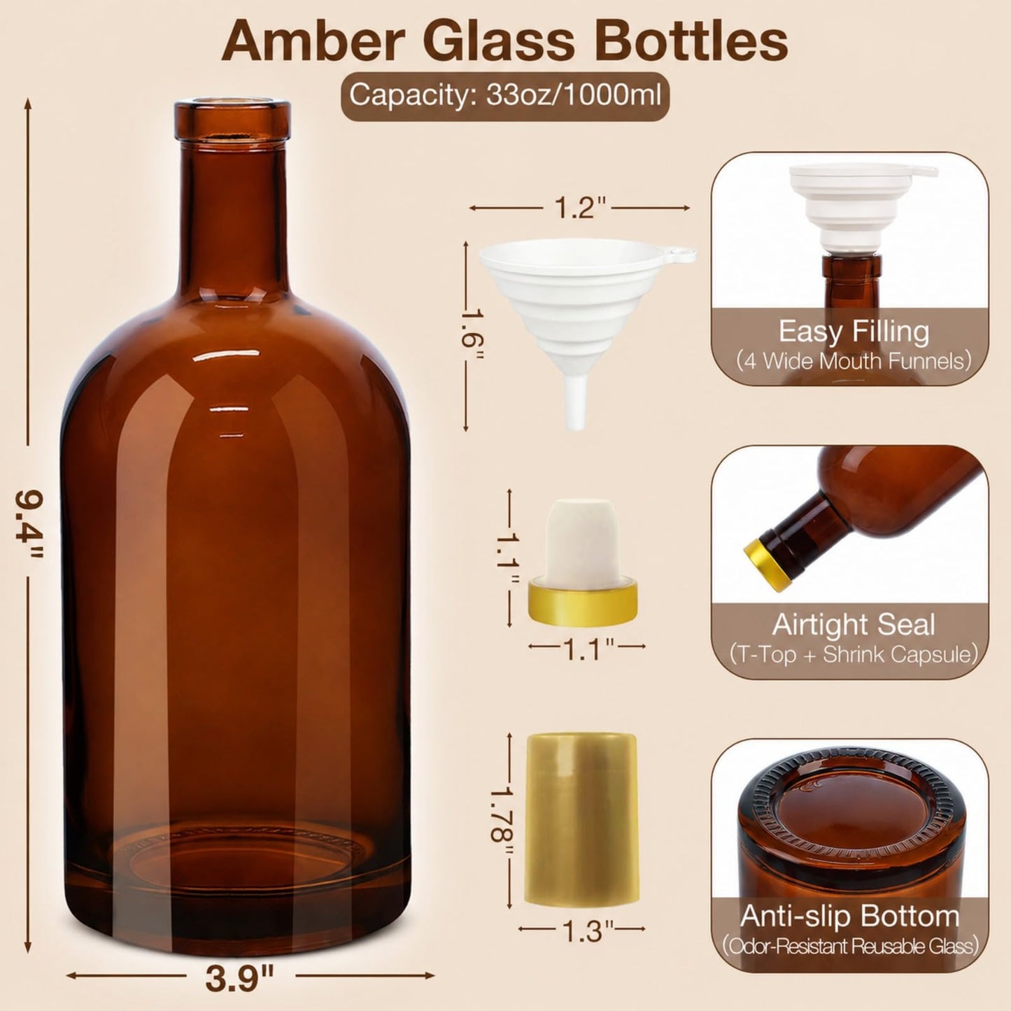 TBWIND 4 Pack 32oz Amber Glass Bottles with Airtight T-Top Corks, 1000ml Refillable Brewing Bottles for Kombucha, Mead, Wine, Syrups & Oils, Includes Funnels & Labels