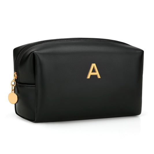 CLOUDWINGS Gifts for Women Bridesmaid Gifts Personalized Initial Makeup Bag PU Leather Cosmetic Waterproof Travel Toiletry Bag (Black A)