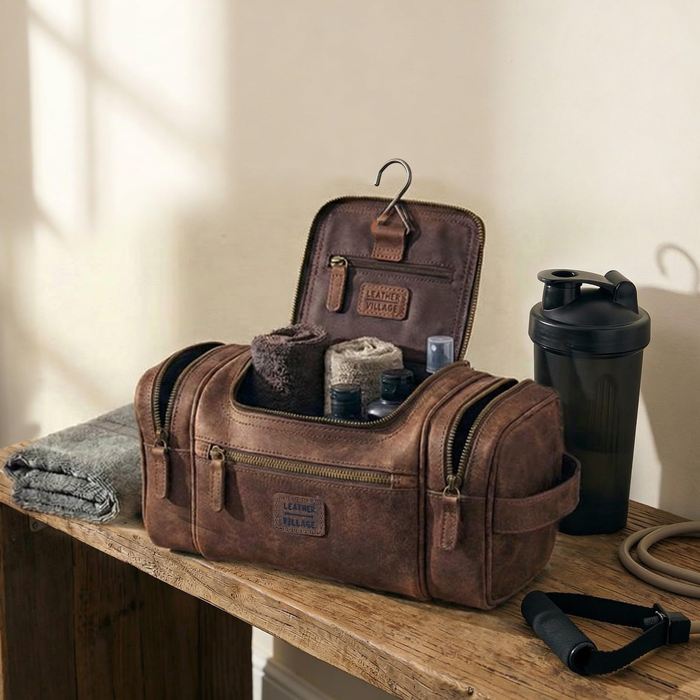 LEATHER VILLAGE Genuine Leather Travel Dopp Kit for Men & Women – Water-Resistant Large-Capacity Hanging Toiletry Bag for Travel, Grooming, Bathroom Organization, Shaving Essentials & Gym Use - Brown