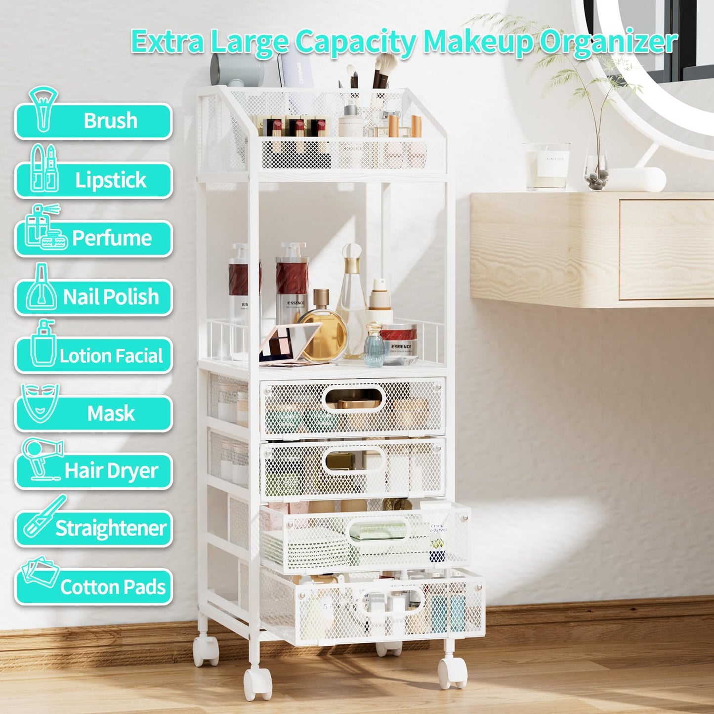 HapiRm Makeup Organizer Storage Cart - Floor Skincare Make Up Storage with 4 Drawers, Rolling Makeup Cart Vanity Organizer Cosmetics Display Cases Holder for Skin Care Perfume Nail Polish