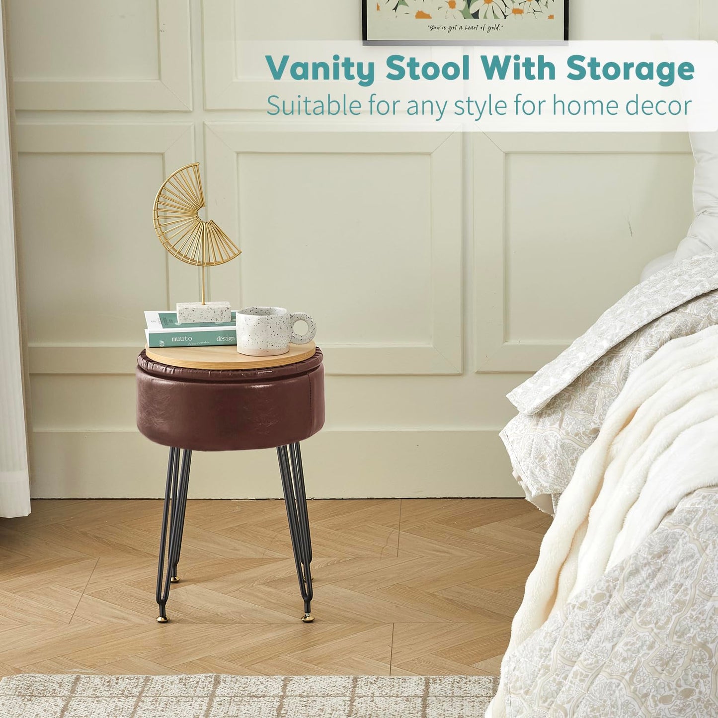BRIAN & DANY Vanity Stool, Leather Vanity Stool Chair with Storage, Round Makeup Chair Soft Padded Seat with Legs for Bedroom (Brown)