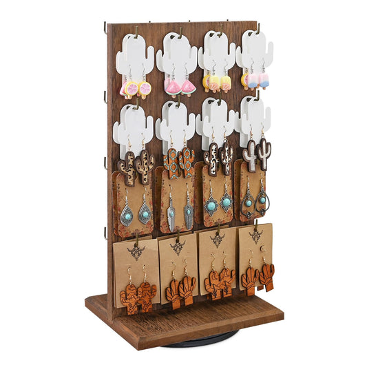 MOOCA Wooden Rotating Two-Sided Jewelry Display Stand, Rotating Organizer with 32 Long Hooks for Store, Keychain Earring Display, Brown color, 9.1W x 7.5 D x 17.1 H in