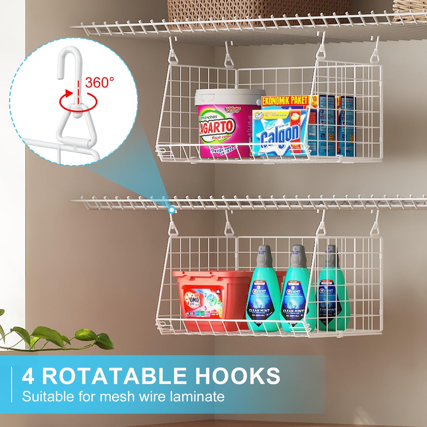 3-Tier Hanging Laundry Basket Organizer：Foldable Wire Shelf Laundry Room Organizer with 360°Rotating Hooks Small Space Solutions Closet Hanging Organizer - Laundry Organization, White Patent