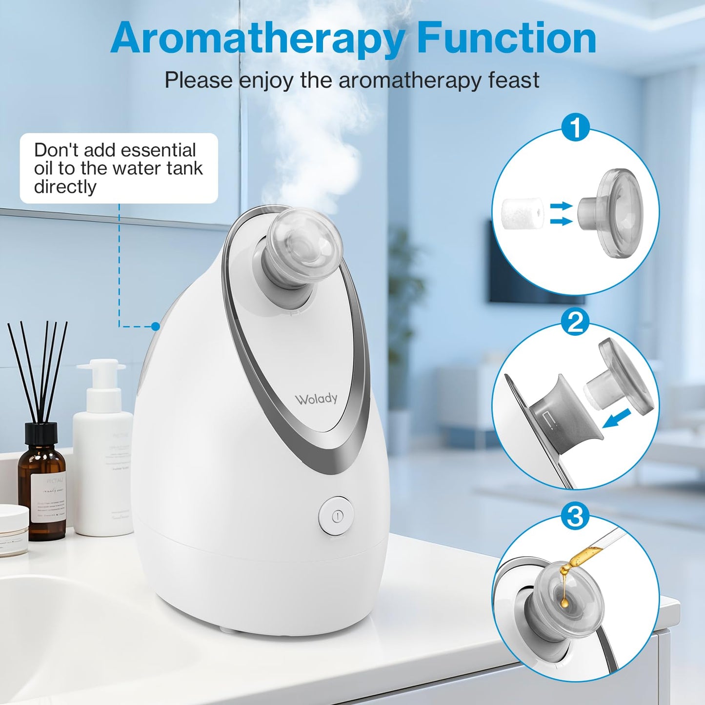 Wolady Facial Steamer, Nano-Ionic Face Steamer with Adjustable Nozzle & Aromatherapy Function, Warm Mist Humidifier Home Sauna Spa, Facial Moisturizing Deep Cleaning for Women, Birthday Gifts,White