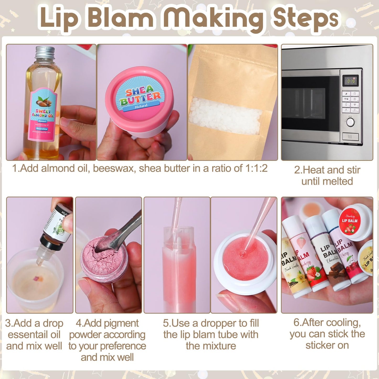 JUYRLE DIY Lip Balm Kit - Make Your Own Natural Beeswax Lip Balm with Containers, Moisturizing Base, Perfect for Kids and Adults