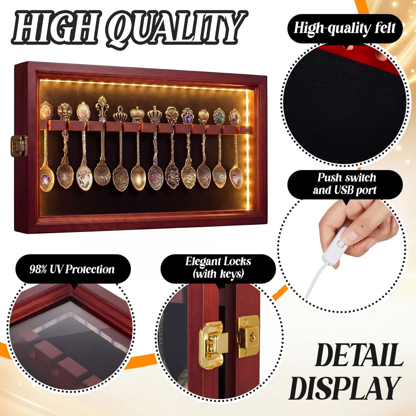 Sliner Decorative Spoon Rack Display Case Hold 12 Spoons with LED Lights Lockable Wall Mount Holder Organizer for Collection, Cherry Wood