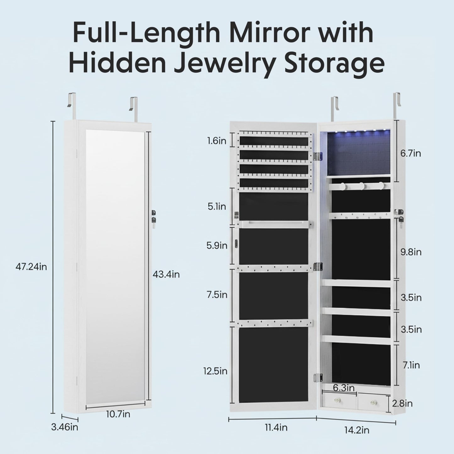 HealSmart 6 LEDs Mirror Jewelry Cabinet, Wall or Door Mounted Full Length Mirror with Storage, 47.2-Inch Tall, Lockable Jewelry Mirror Organizer, Ideal Gift