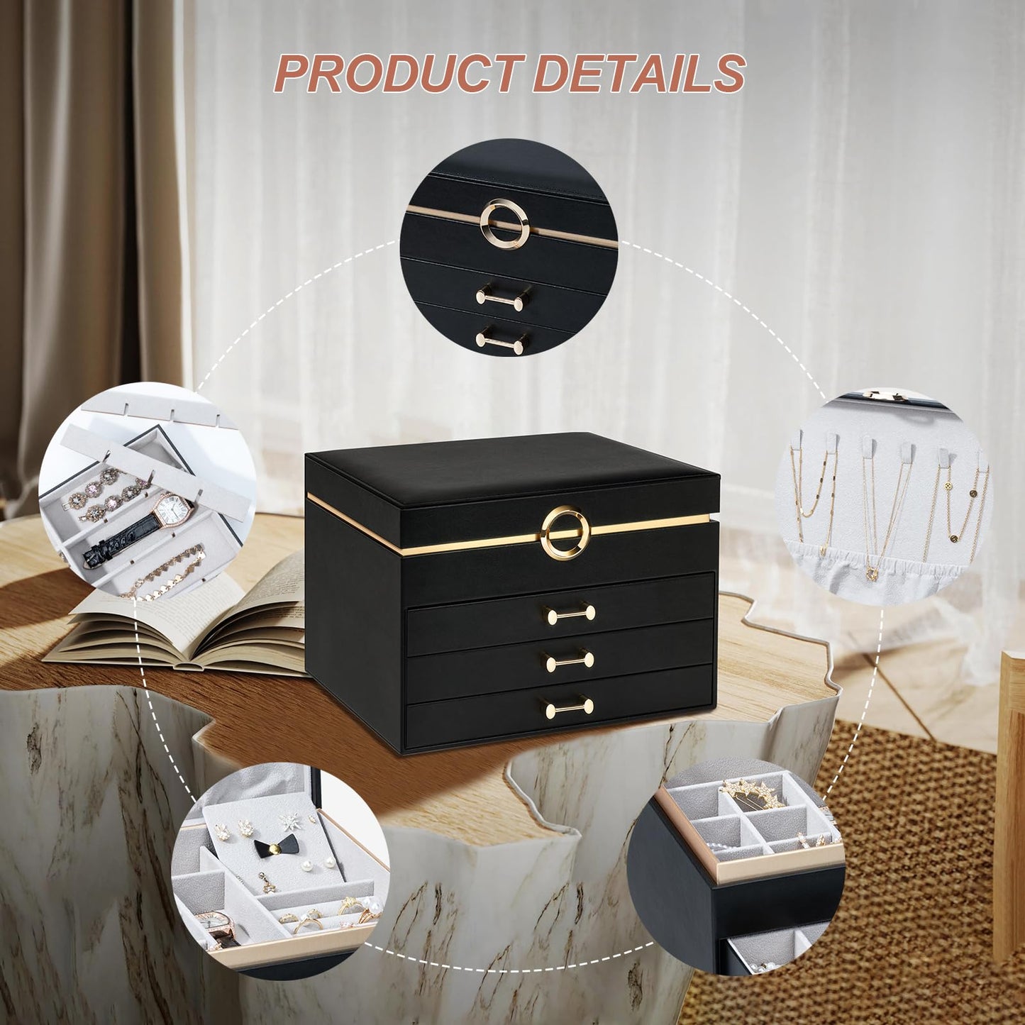 V-LAFUY Jewelry Boxes for Women, Large Jewelry Storage Boxes, 4-Layer Leather Jewelry Organizer with 3 Drawers, Jewelry Display Case Gift for Women Girls, Black