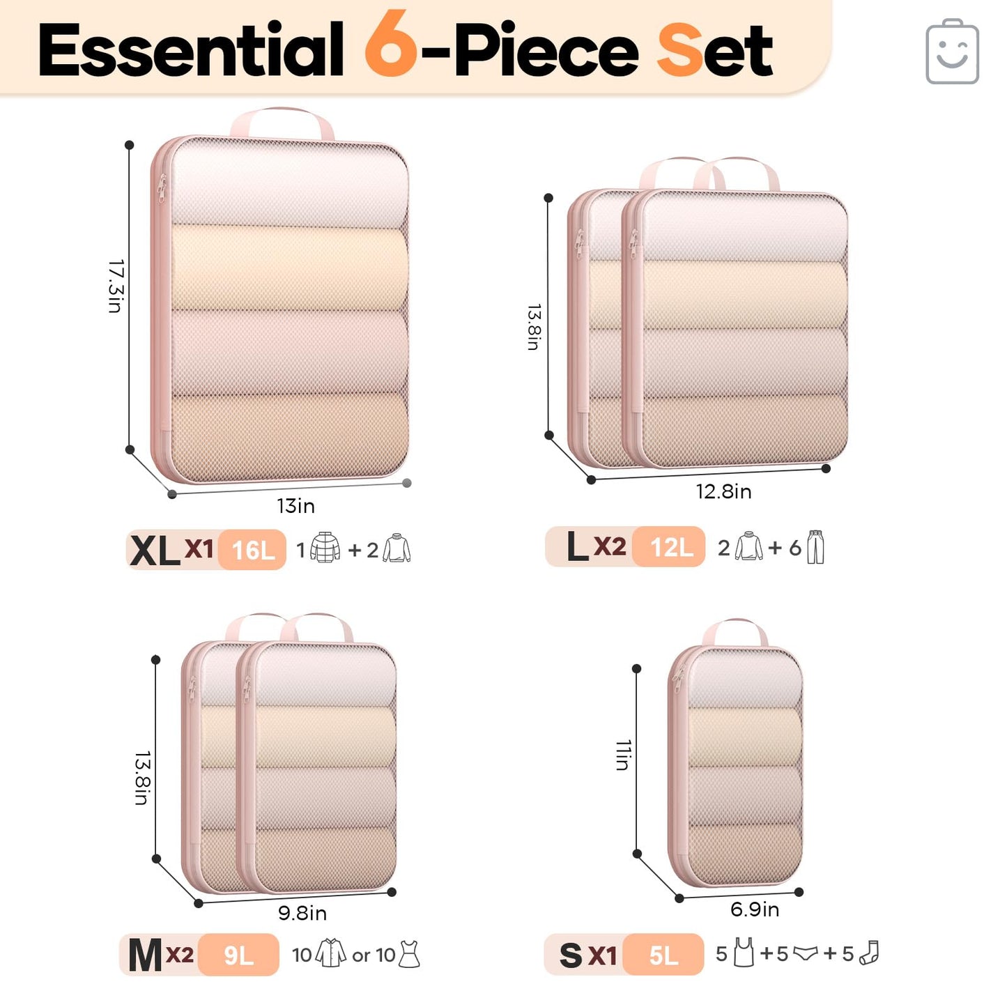 Veken 6/9/11 Set Compression Packing Cubes for Travel Essentials,Compressible Expandable Luggage Suitcase Organizer Bags for Clothing,Space Saver Storage Bags with Over 1000 pcs of Mesh Holes(Beige)