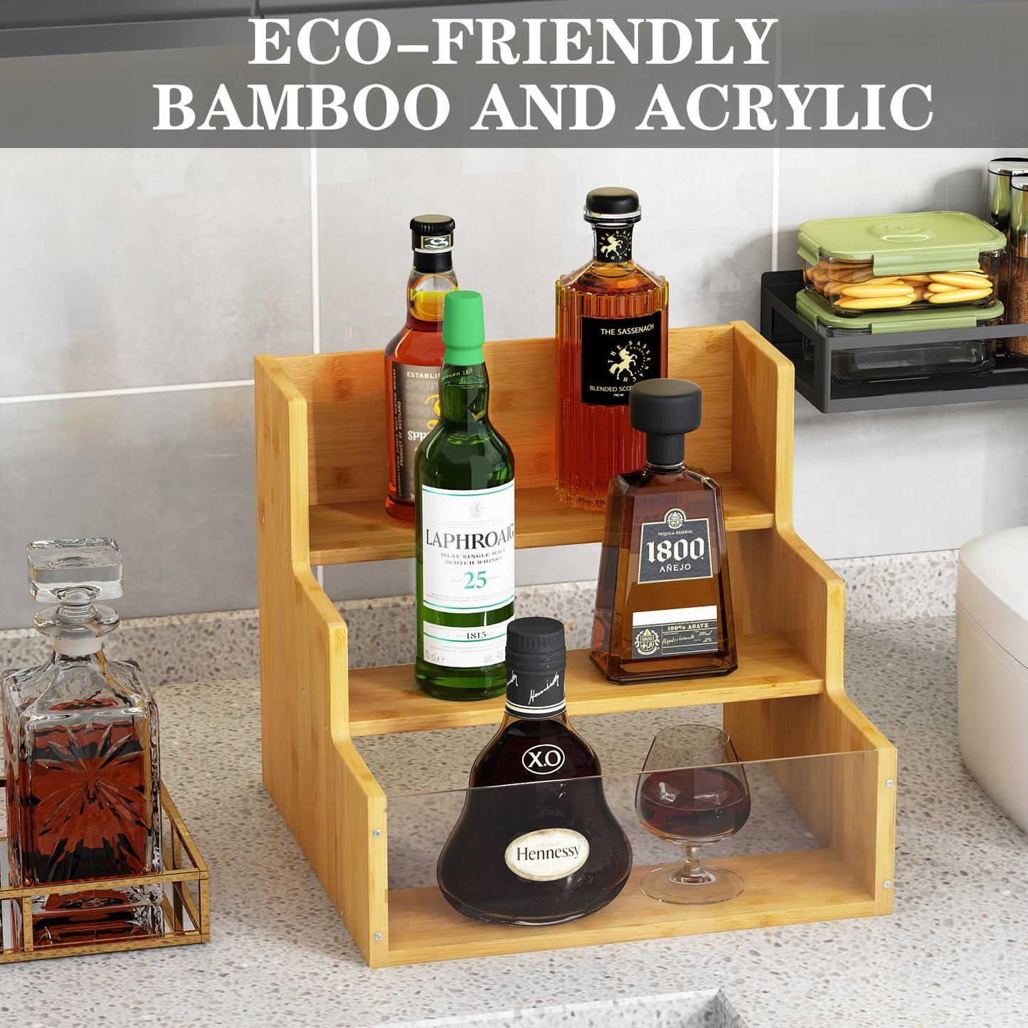 AEEHFENG Liquor Bottle Display Shelf Bar Shelves - Bamboo 12 Bottle Syrup Rack for Coffee Bar, Wine Bottle, Spices, Liquor and Whiskey Bottle Display