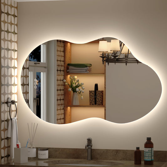 CHARMOR 40x24 Inch Irregular Cloud LED Bathroom Mirror, Asymmetrical Backlit Bathroom Vanity Mirror, Anti-Fog, Dimmable, 3 Colors, Memory, Shatterproof (Horizontal/Vertical)