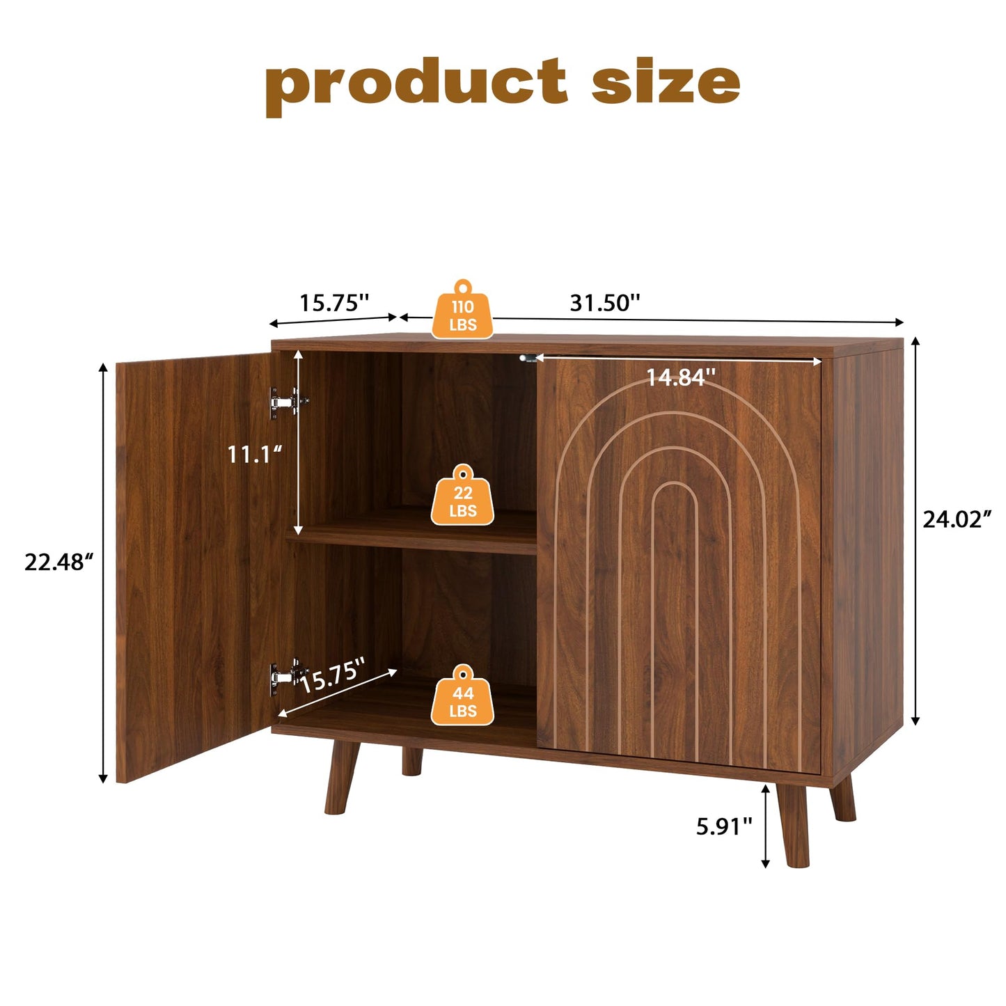 weselon Accent Cabinet with Carving Lines, Modern Buffet Sideboard with Adjustable Shelves, Decorative Storage Cabinets for Bedroom Living Room Kitchen Office and Hallway (Walnut, 1)