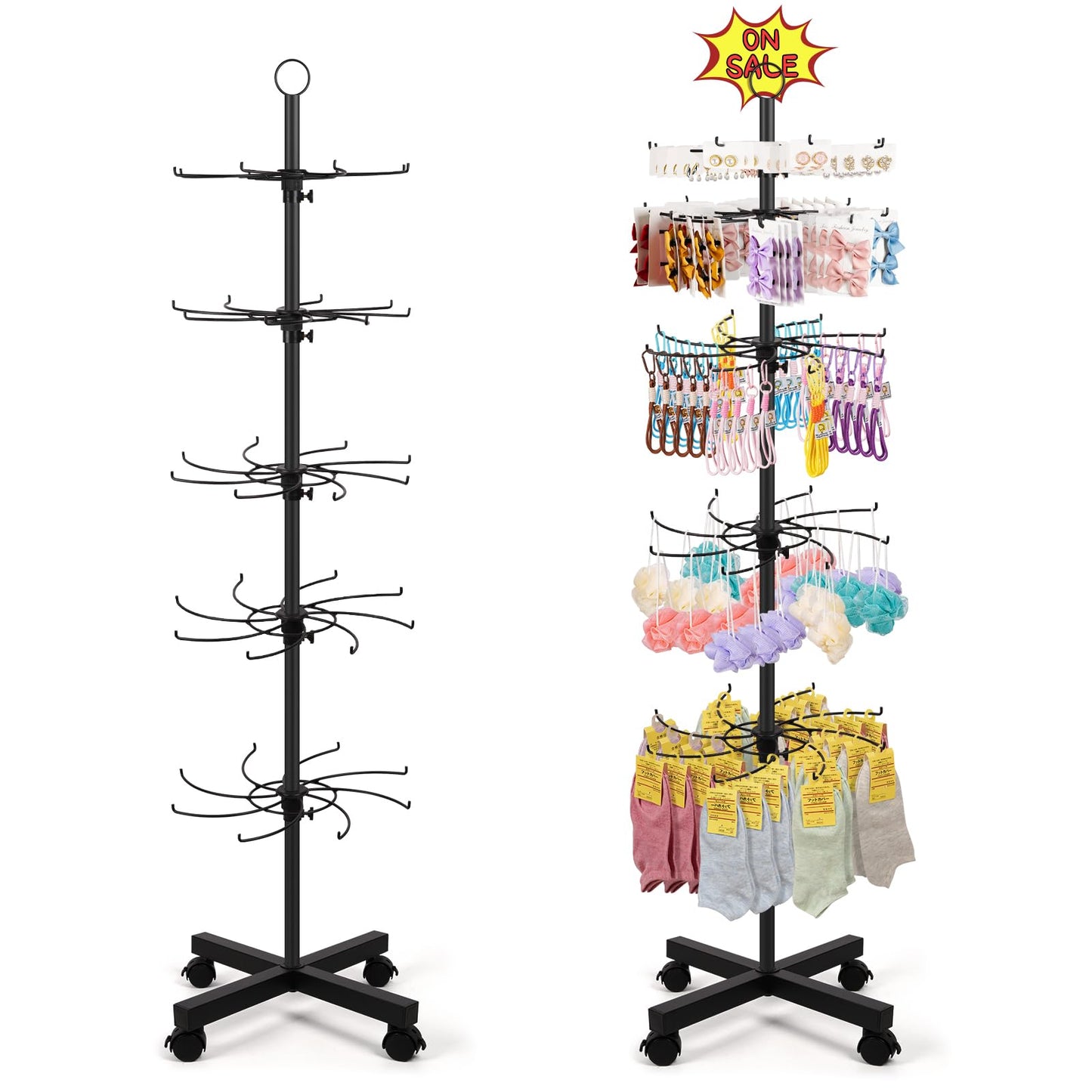 Flenpptly Retail Display Stand, 5-Tier Rotating Display Rack for Store Display, Movable and Adjustable Spinning Display Stand for Earrings, Jewelry, Keychains, Socks Display (Black)