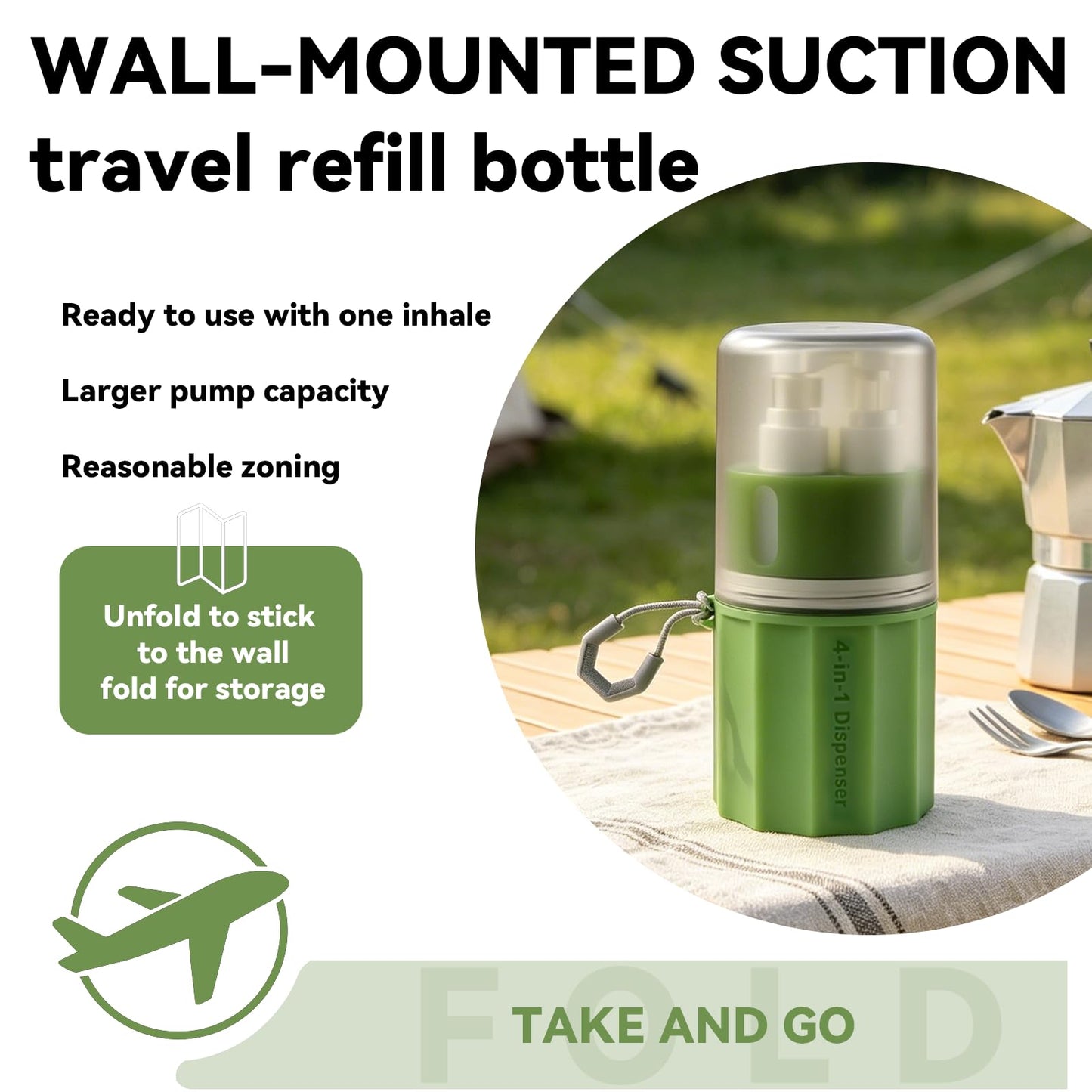 MORMID 4 in 1 Travel Dispenser，Unbreakable Silicone Travel Dispenser Bottle, Vacuum Suction Wall Mounted Refillable Containers,Leakproof Toiletry Containers for Shampoo, Lotion, Baby Care-Green.