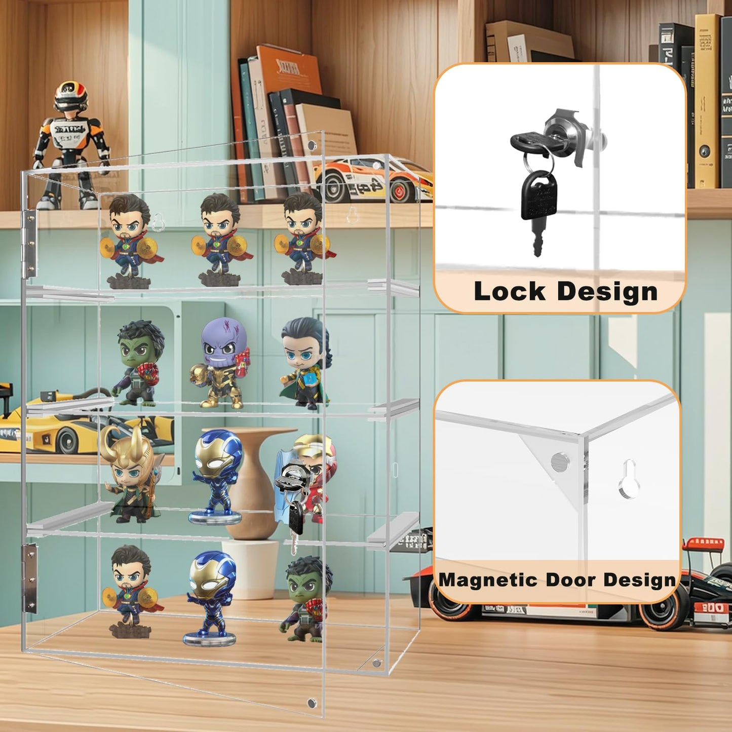 Acrylic Display Case with Lock Key 4 Tier Clear Display Case Locking Cabinet for Collectibles Figure Knife Rock Perfume Countertop Retail Showcase Display Box Wall Mount with Shelves 11.8x5.9x15.7 in