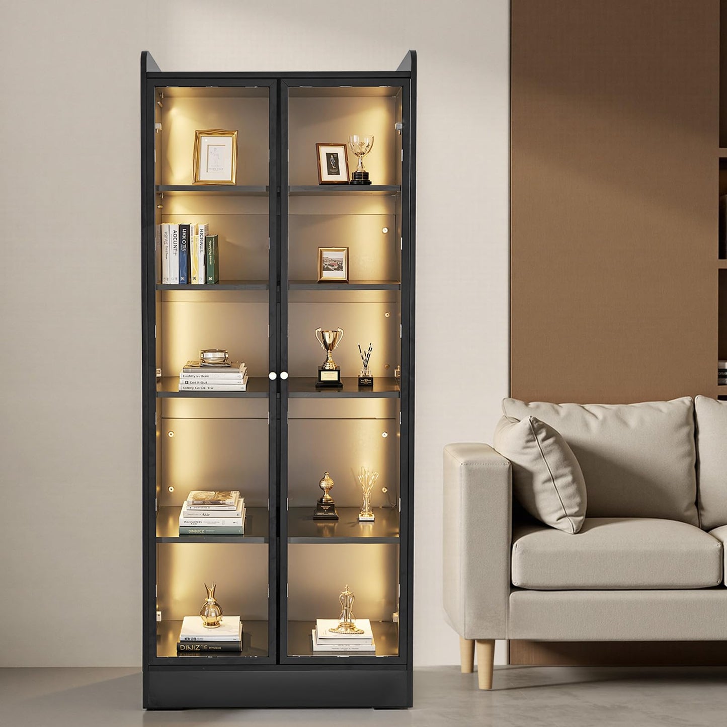 VEVOR Display Cabinet with Doors, 67in Tall Display Case with 2 Adjustable Shelves, 3 LED Lights, 5-Tier Curio Collectibles Storage Cabinet, Bookshelf Bookcase for Pantry Bedroom Living Room Office