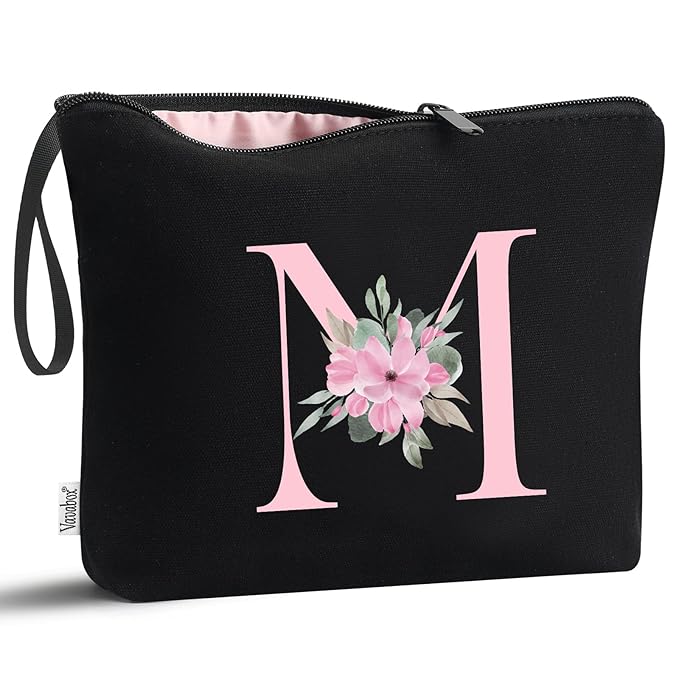 Vavabox A-Z Personalized Makeup Bag, Birthday Gifts for Women Mom, Gifts for Best Friend, Bride Bridesmaid Cosmetic bag (M, Black)