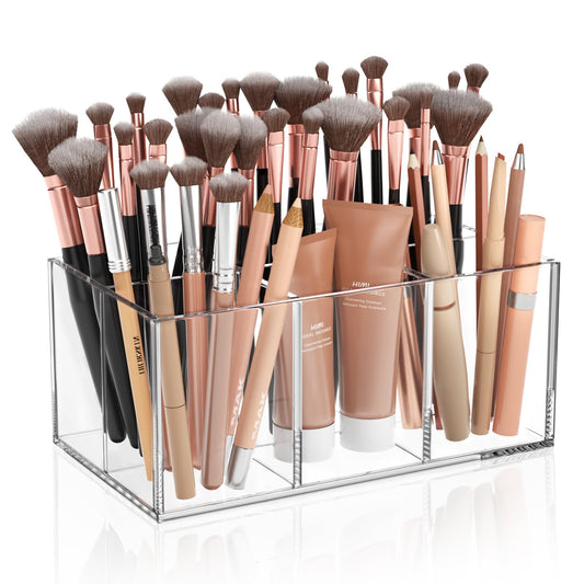 HIIMIEI Clear Makeup Brush Holder Organizer Acrylic 6-Slots Cosmetic Brushes Storage Organizer for Vanity Countertop