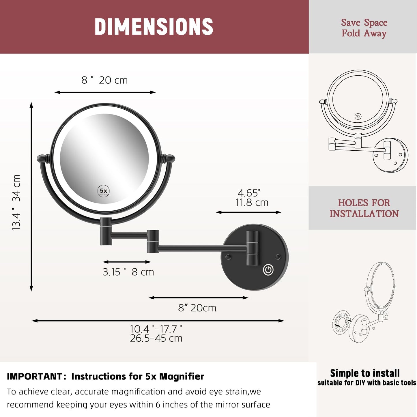 RECKODOR 8" Hardwired Magnifying Mirror Wall Mounted, Matt Black