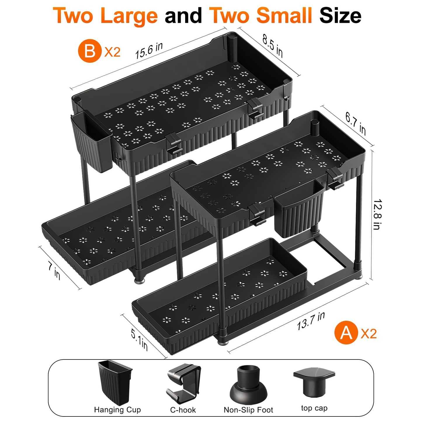 Sevenblue 4 Pack Under Sink Organizer, Bathroom Organizers and Storage, 2 Tier Multi-Use Pull Out Cabinet Organizer with Hang Hooks and Cups (Black, 4 Pack)
