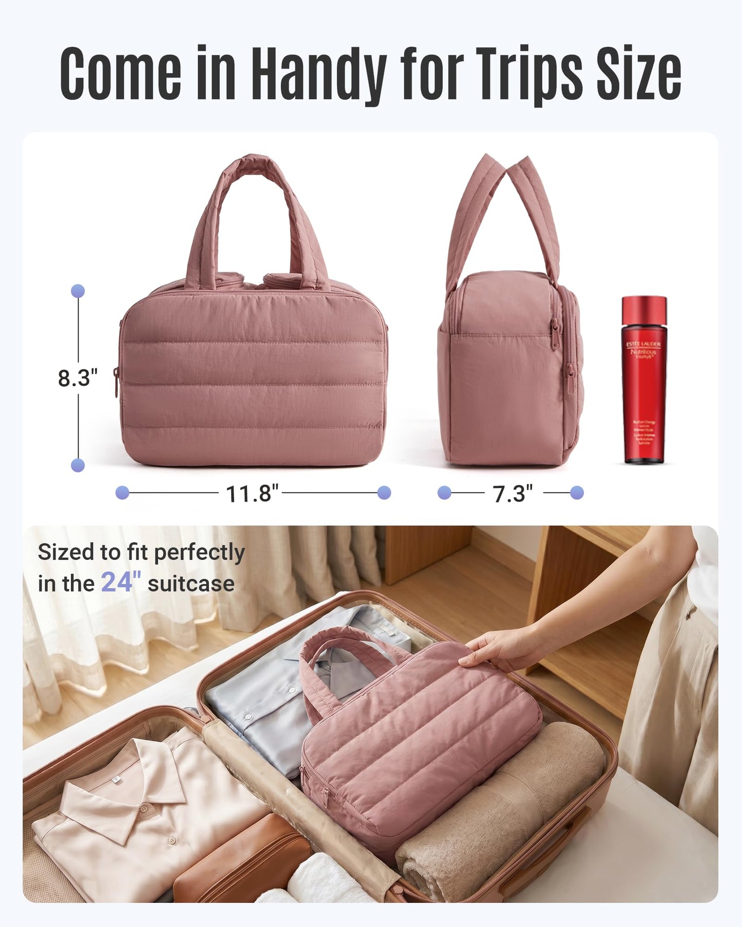 LIGHT FLIGHT Travel Toiletry Bag, Dual-Zip Compartments Travel Bag for Toiletries, Makeup Cosmetic Travel Bag with Handle, Brown