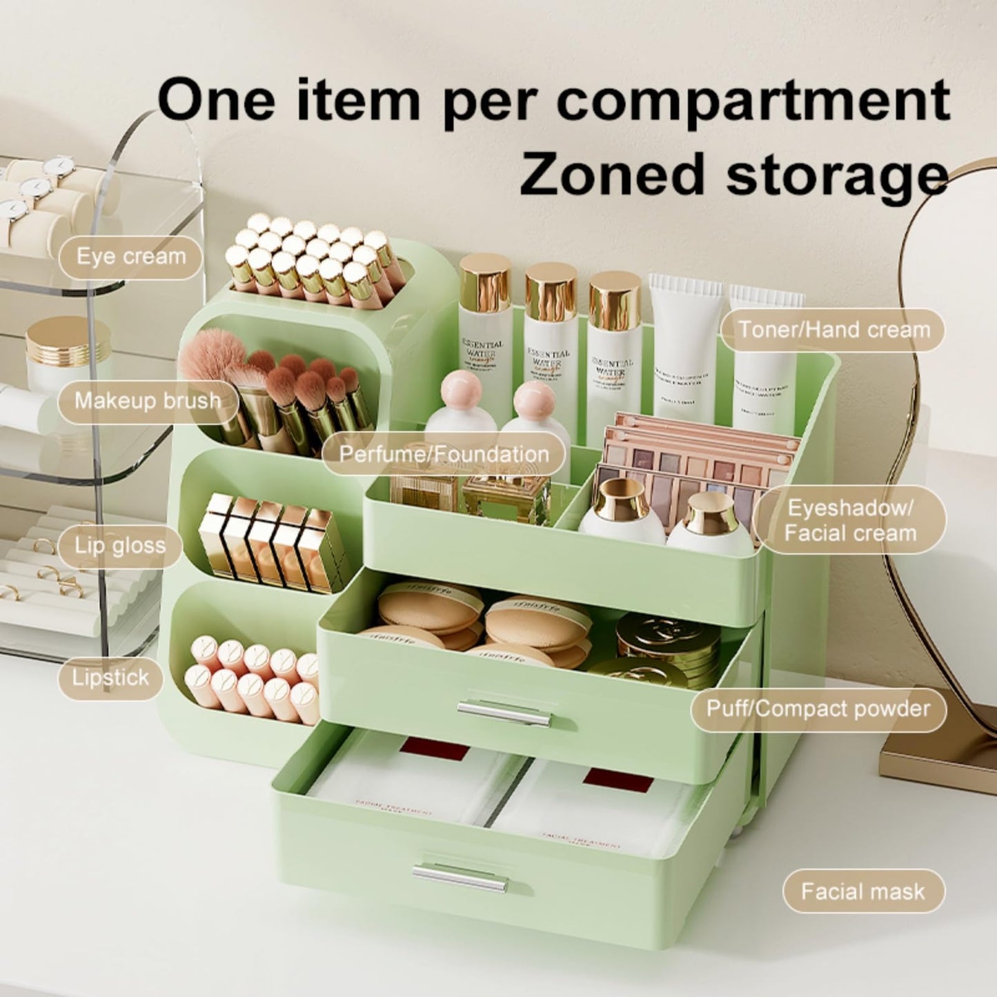 Booklov Makeup Organizer for Vanity, Large Capacity Cosmetic Display Case with Drawers, Countertop Beauty Storage Holder for Skincare, Brush Eyeliner Perfume Eyeshadow Lipsticks, Counter Desk, Green
