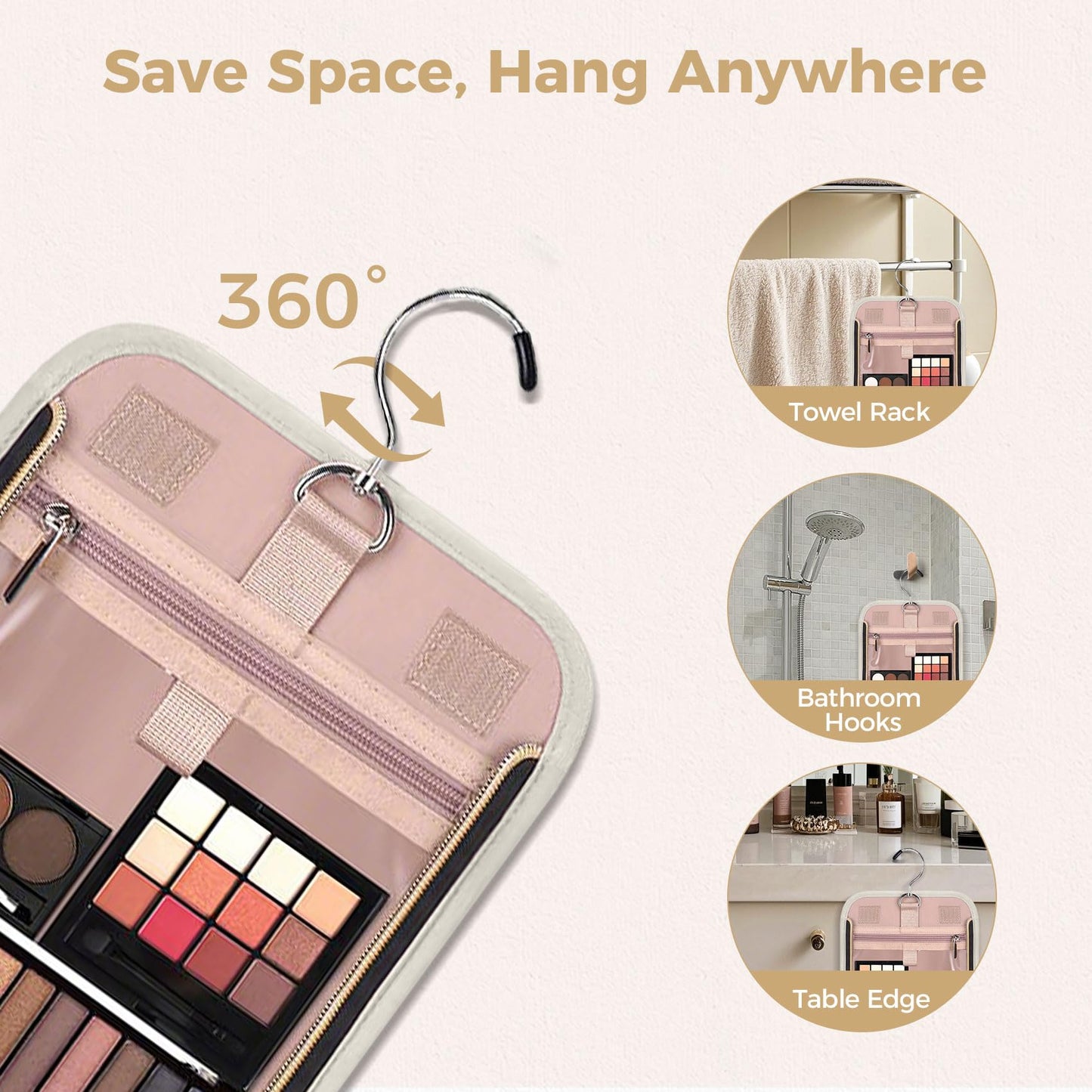 TBTOTRA Hanging Toiletry Bag & Makeup Bag for Women with Jewelry Organizer - TSA Approved Large Capacity Travel Cosmetic Organizer, Waterproof Shower Essentials Case with Transparent Pockets, Beige