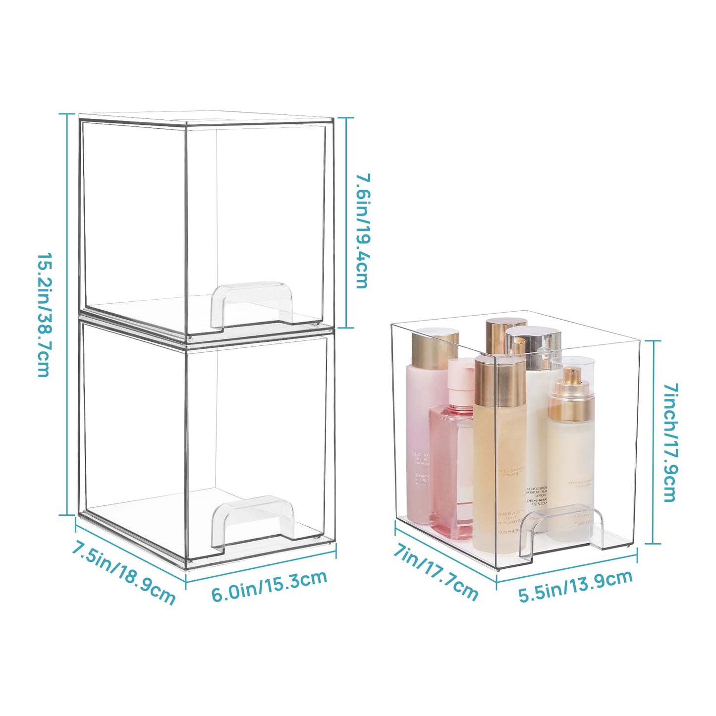Vtopmart 7.6" H Clear Stackable Storage Drawers, 2 Pack Plastic Organizers Bins for Skincare, Cosmetics,Beauty Supplies,Ideal for Vanity, Bathroom,Kitchen Countertop,Cabinet Organization