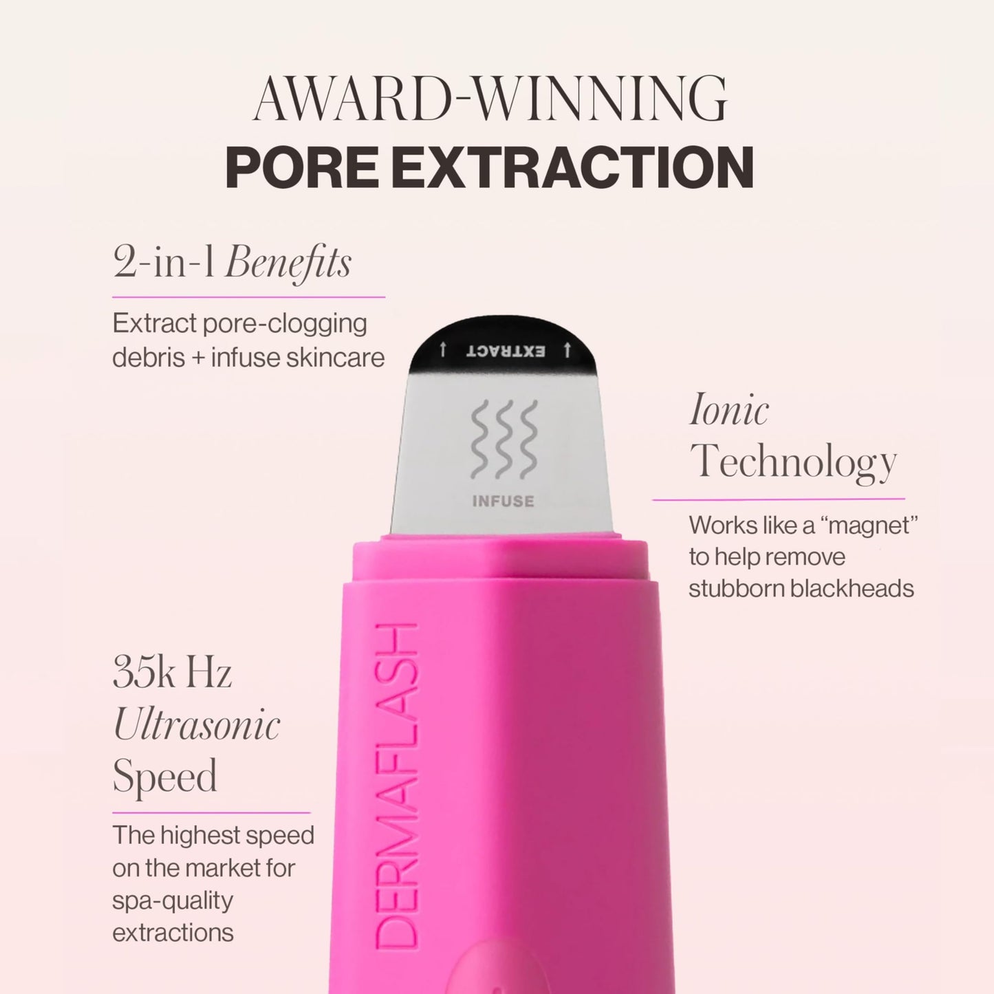 DERMAFLASH DERMAPORE+ Skin Care Device, Ultrasonic 2-in-1 Pore Extractor and Skincare Infuser, Pop Pink