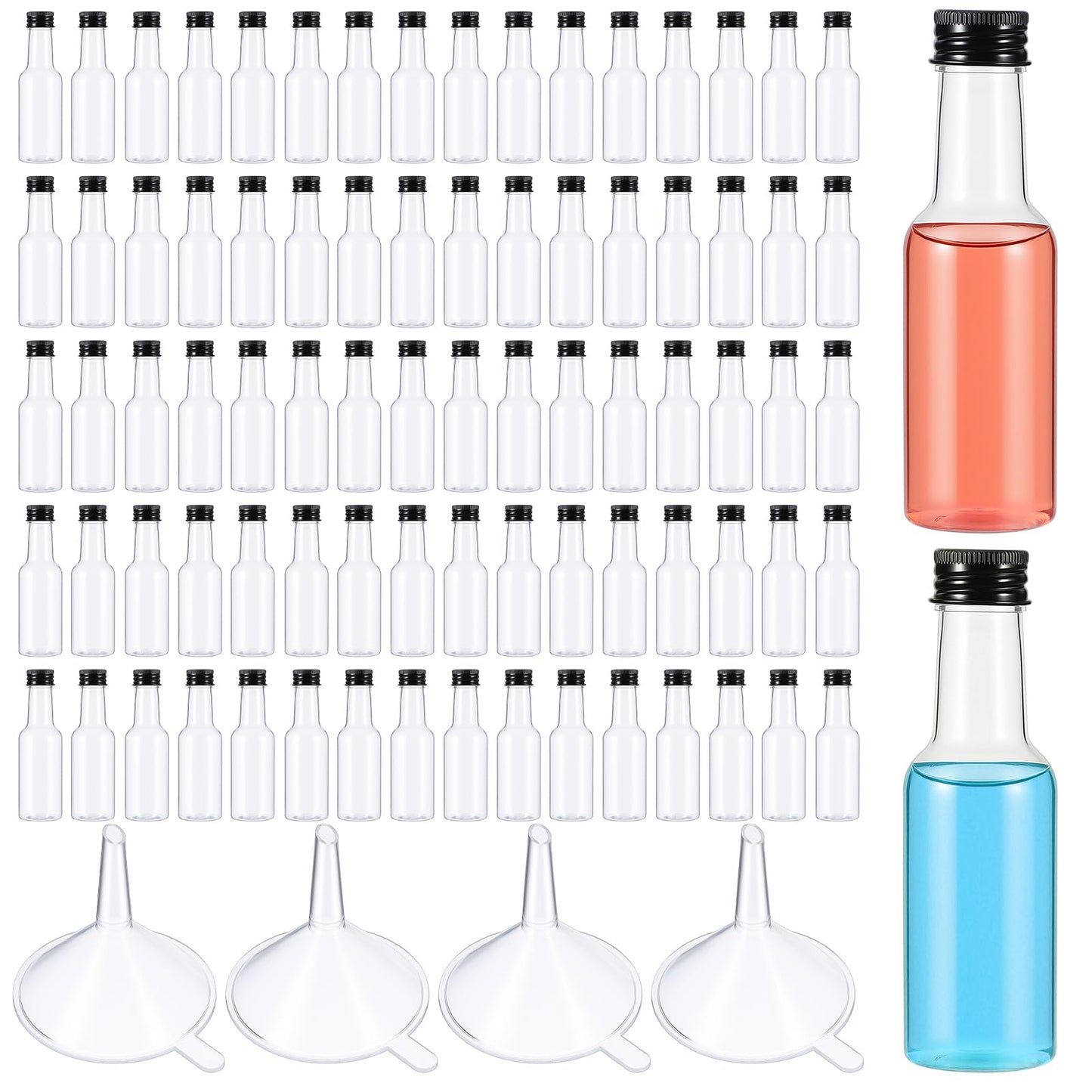 100 Pcs Mini Liquor Bottles, 50ml/1.7 oz Plastic Mini Salad Dressing Bottle with 4 Funnels, Small Alcohol Holders with Cap Wine Hot Sauce for Weddings Party Supplies (Black)