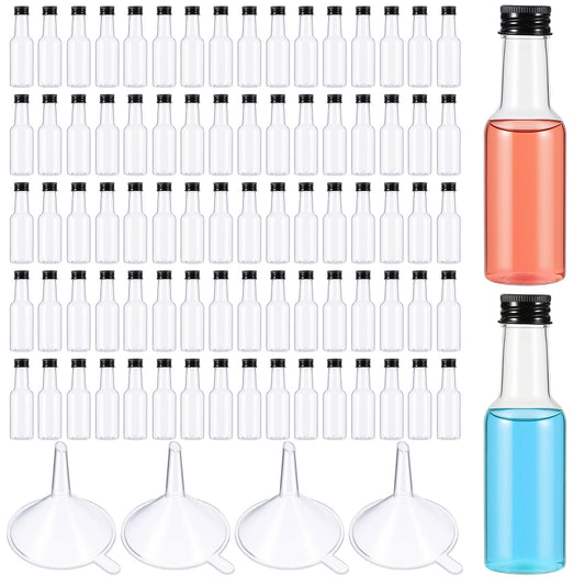 100 Pcs Mini Liquor Bottles, 50ml/1.7 oz Plastic Mini Salad Dressing Bottle with 4 Funnels, Small Alcohol Holders with Cap Wine Hot Sauce for Weddings Party Supplies (Black)