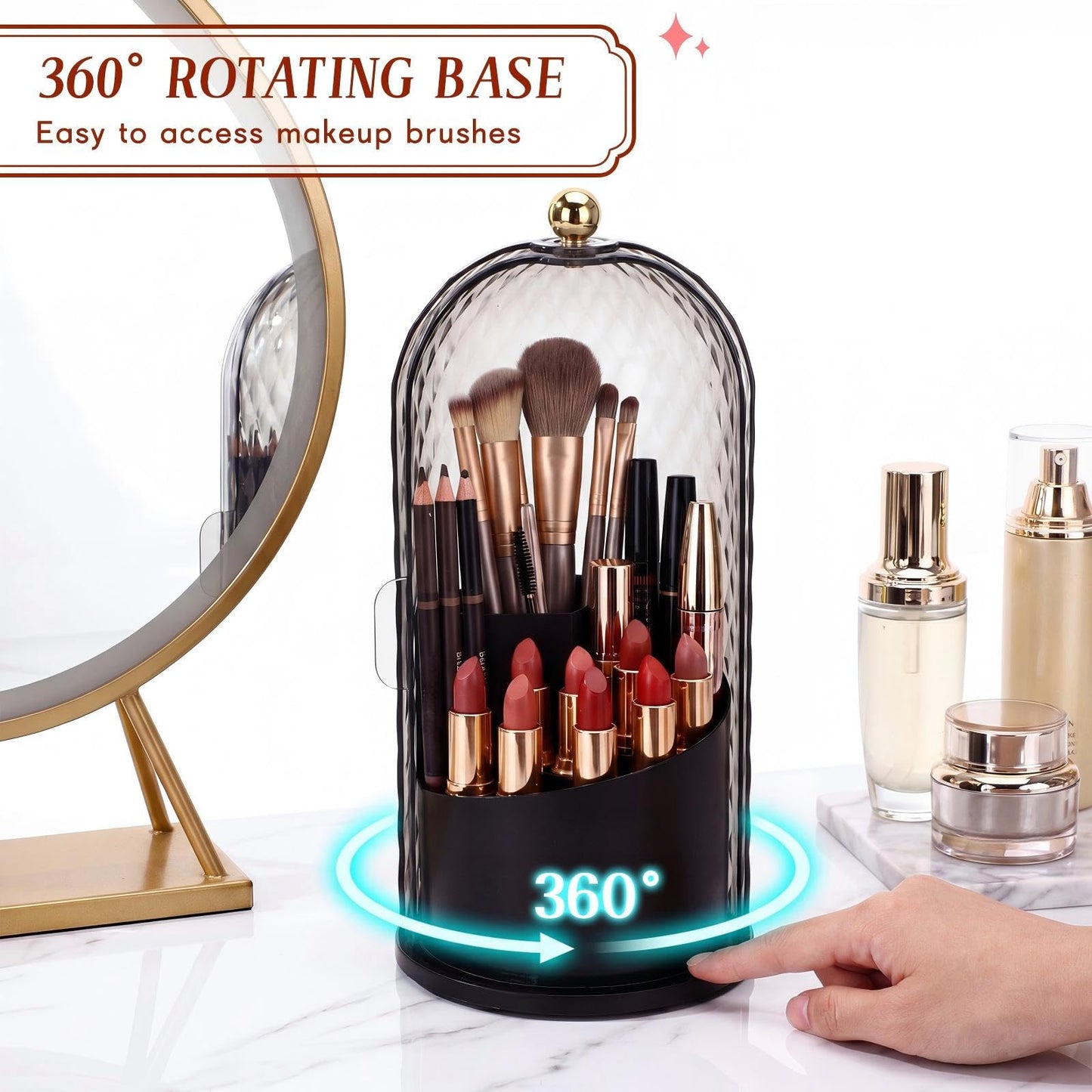 Acellegic 4 Pack Makeup Brush Holder with Lid 360° Rotating Cosmetic Organizer with 3 Compartments Dustproof Beauty Brush Storage for Vanity Bathroom Countertop(Black)