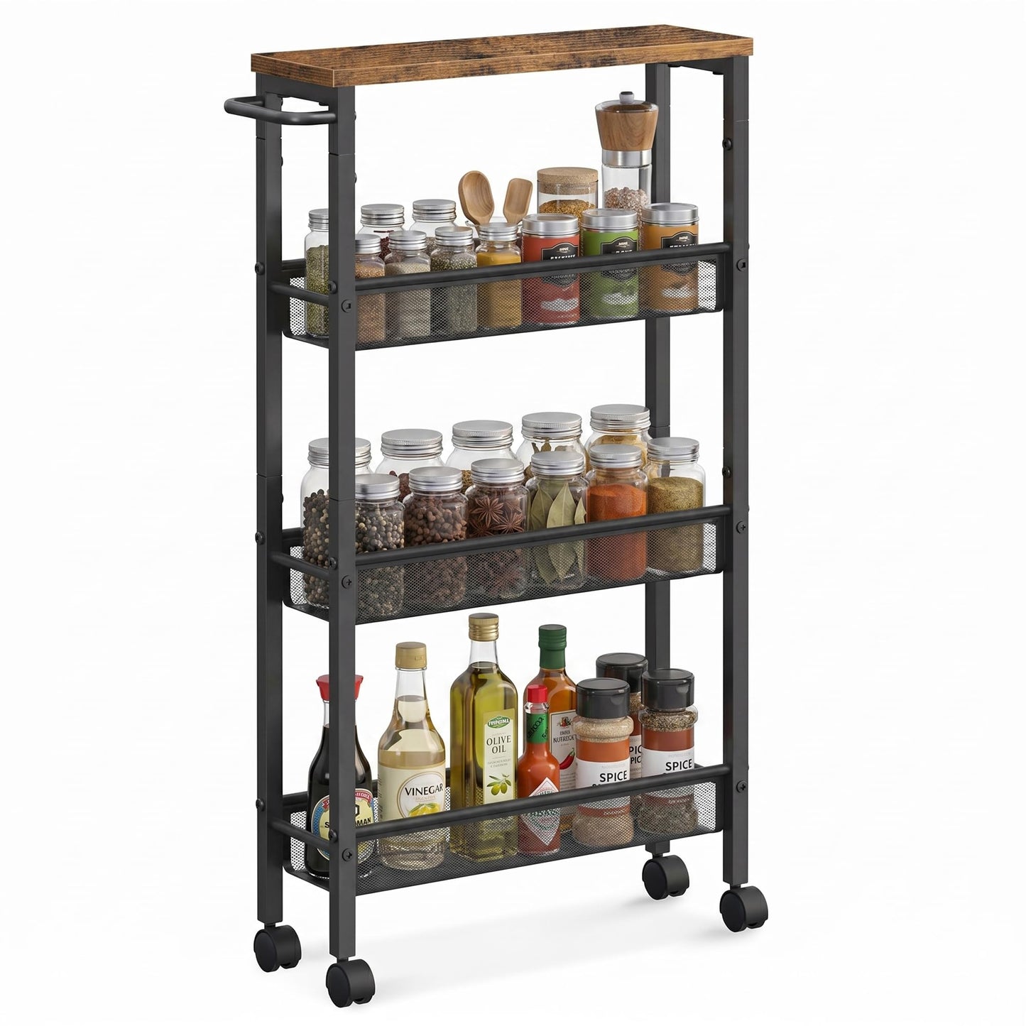 SONGMICS HOME Slim Rolling Cart, 4-Tier Storage Cart with Wheels and Handle, Narrow Utility Cart for Kitchen, Living Room, Brown and Black