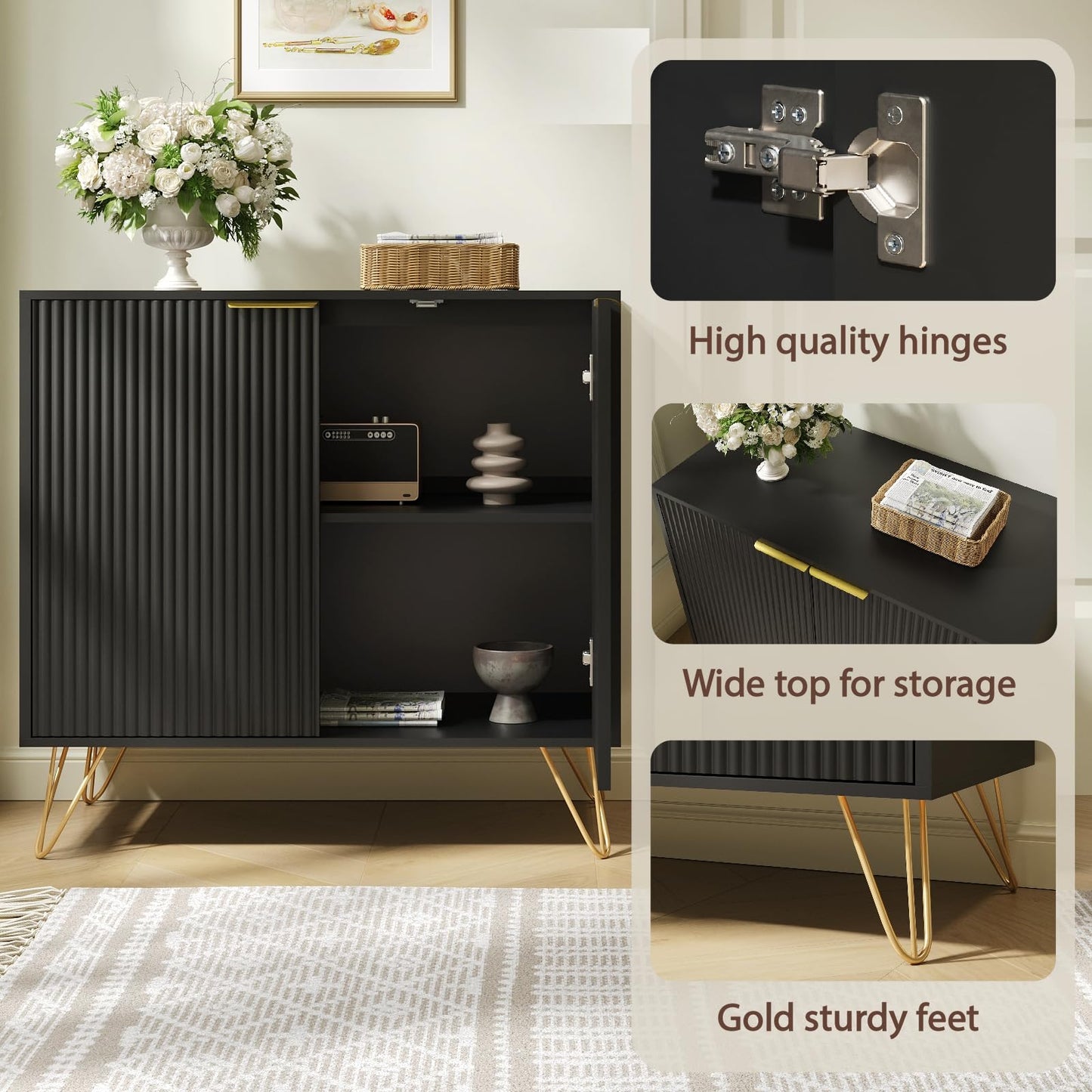 Sscaktu Fluted Storage Cabinet, 2 Doors Sideboard Buffet Cabinet, Modern Wood Accent Table with Adjustable Shelves, Console Table for Living Room, Hallway, Entryway, Black
