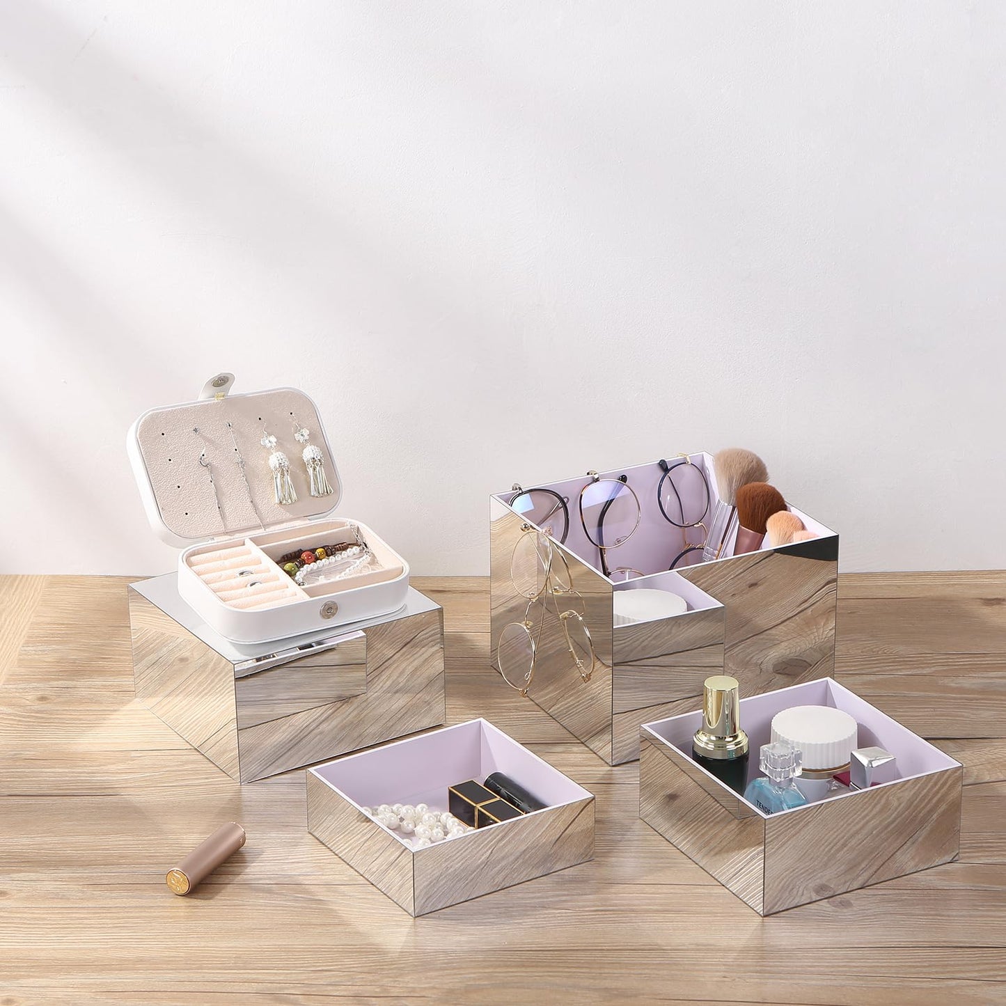 Silver Mirror Acrylic Risers, 4pcs Anti-Scratch Nesting Display Cubes, 6"-8" Wide, 4MM Thick Sturdy Square Boxes for Figures Collectibles Jewelry Buffet Retail Showcase Platform Wedding Decor