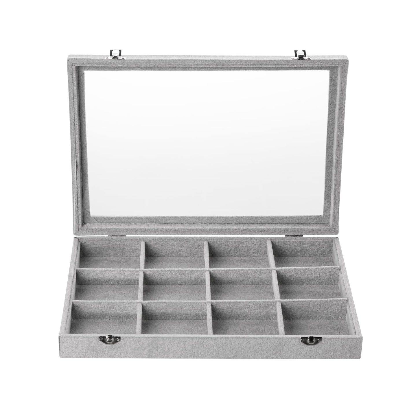 Frebeauty Velvet Jewelry Tray,12 Grid Jewelry Organizer with Clear Lid,Bracelets Holder,Jewelry Display Case with Clasp,Drawer Insert Bangle Brooch,13.8 x 9.5 x 2 Inches,Gift for Women Girls(Grey)
