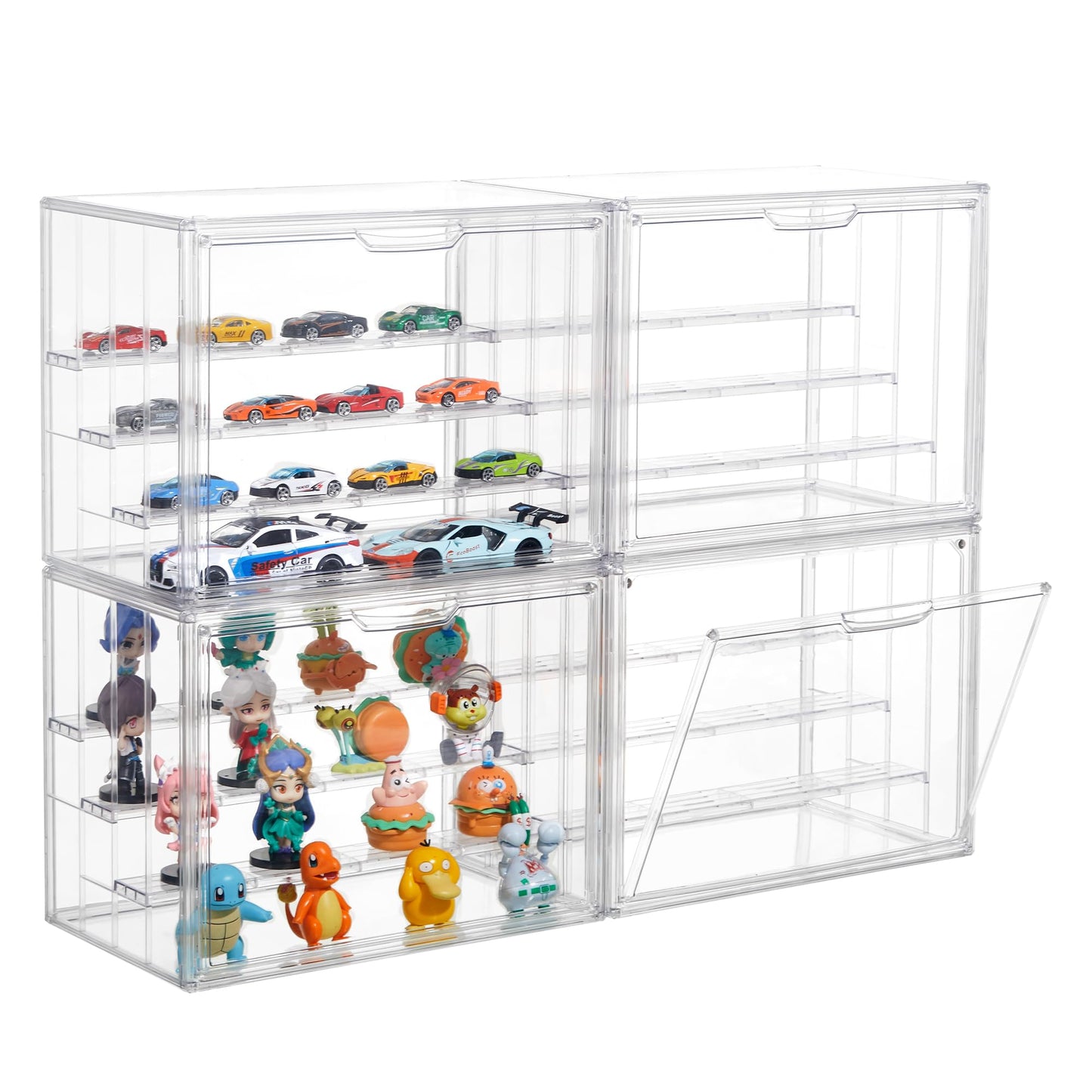 Attelite Acrylic Display Case,Upgrade 4 Tiers Clear Display Case with 3 Adjustable Divider, 4 Pack Stackable Large Storage Box with Magnetic Door for Collectibles Action Figures