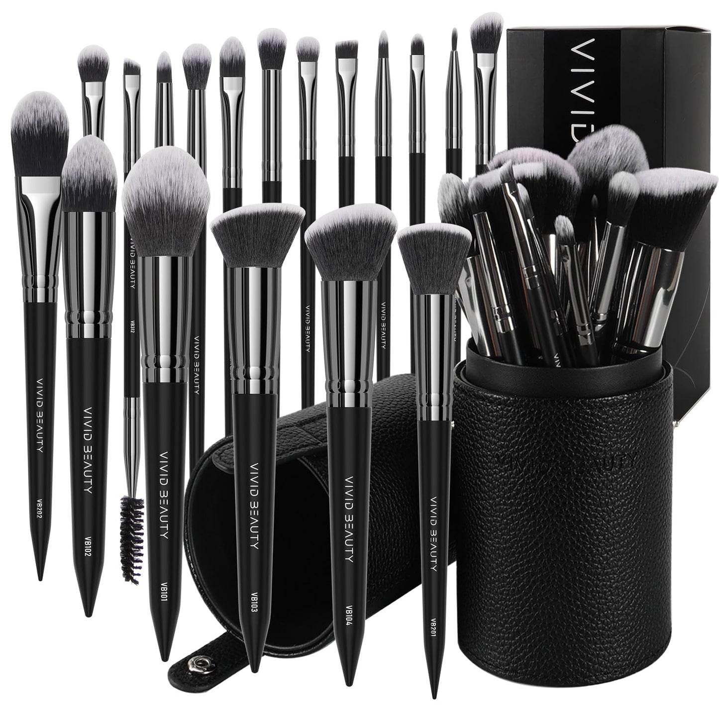 VIVID BEAUTY 18 Pcs Pro Deluxe Makeup Brushes with Travel Case, Premium Powder Foundation Blending Concealer Blush Eyeshadow Face and Eye Make up Brush kit with labels for Beginner(Black)