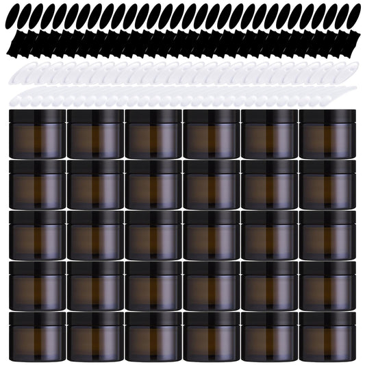 Yauhar 120Pcs 60g Amber Glass Jars Assortment Kit with Inner Liners and Black Lids, Spoons and blank labels for Storing Lip and Body Scrub, Lotion, Body Butter, Bath Salts