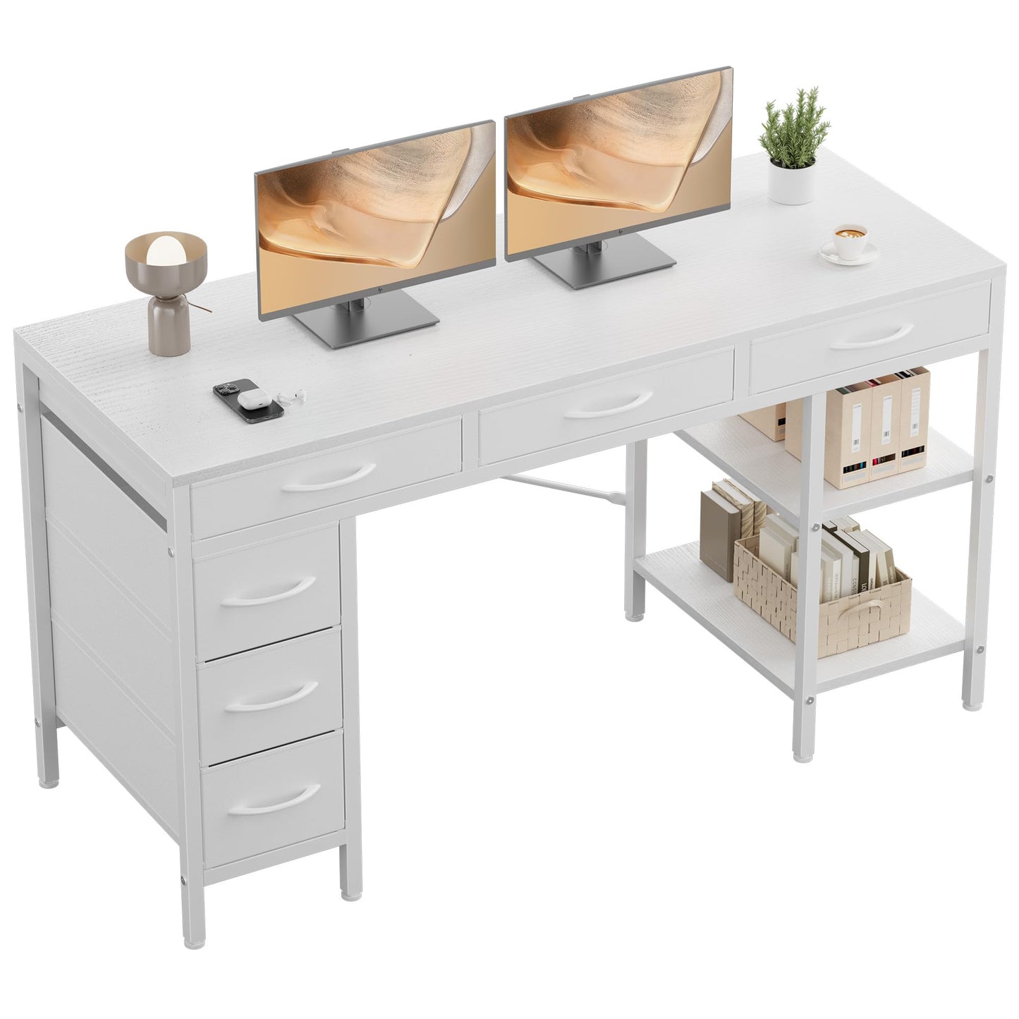 OLIXIS Computer Desk with 6 Drawers, 55 inch Office Workstation with Storage Shelves, Reversible Gaming Setup, Corner Table with Storage Drawers, Work for Home Office, Study, Living Room, White