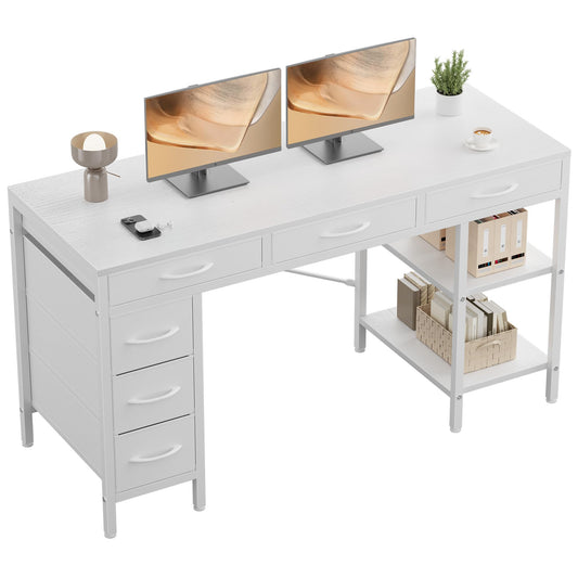 OLIXIS Computer Desk with 6 Drawers, 55 inch Office Workstation with Storage Shelves, Reversible Gaming Setup, Corner Table with Storage Drawers, Work for Home Office, Study, Living Room, White