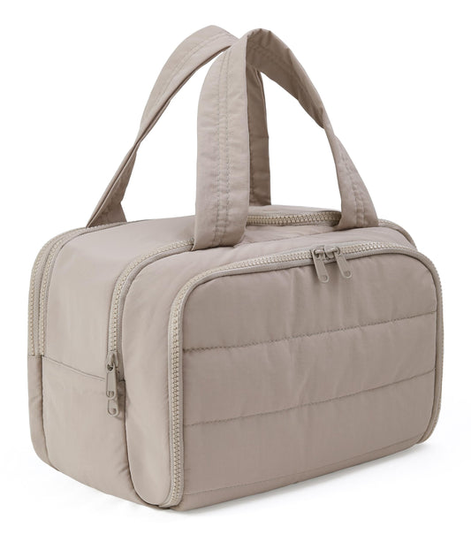 BUZFOWU Travel Toiletry Bag for Women, Large Wide-open Puffy Cosmetic Makeup Bag with Wet-Dry Separation, Multi-Pocket Organizer with Carry Handle for Toiletries, Cosmetics, Essentials, Camel