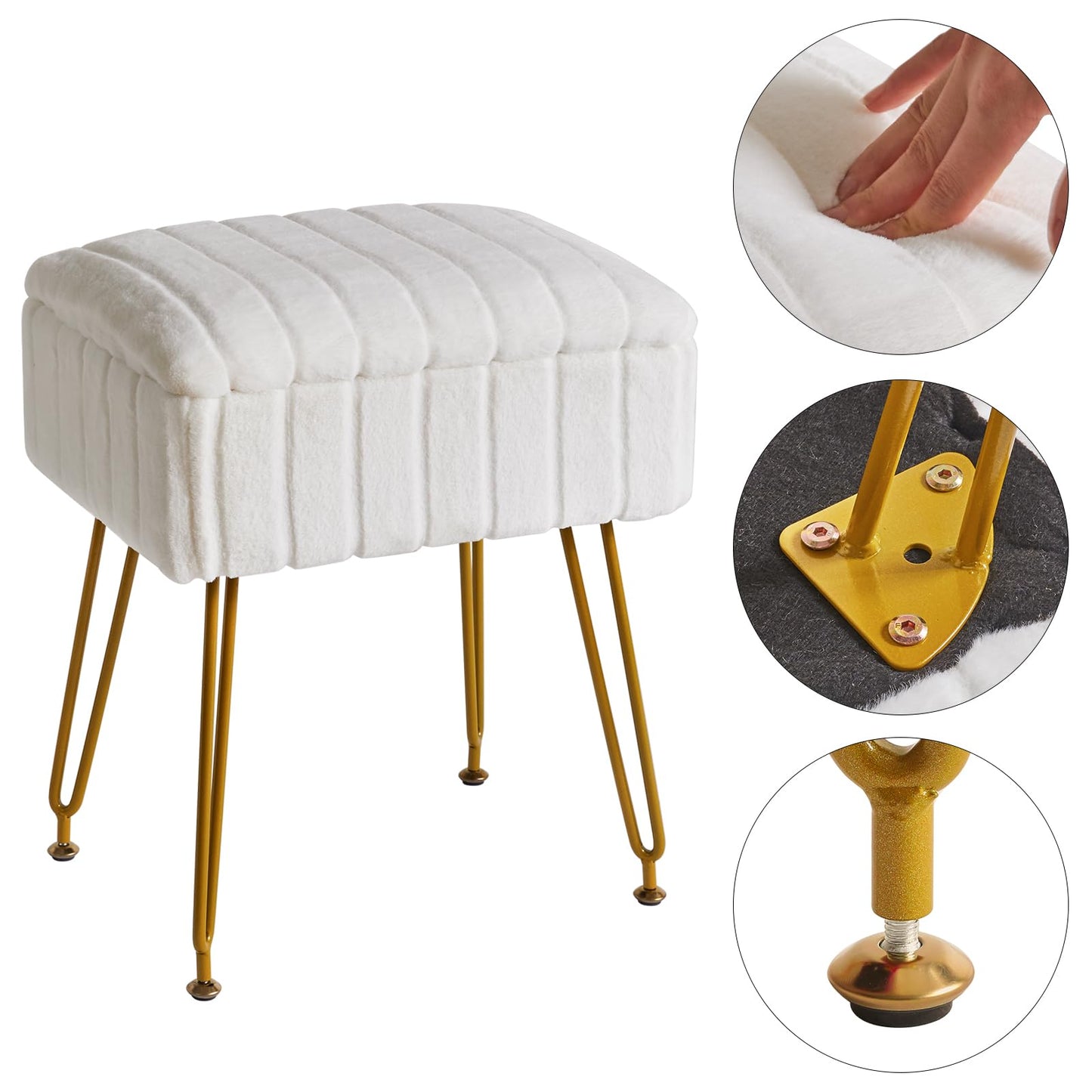 IBUYKE Vanity Chair with Storage Space, Footrest Ottoman, Small Side Table, Vanity Stool for Makeup Room, Bedroom, with Anti-Slip Feet, Faux Fur, White LG-50W