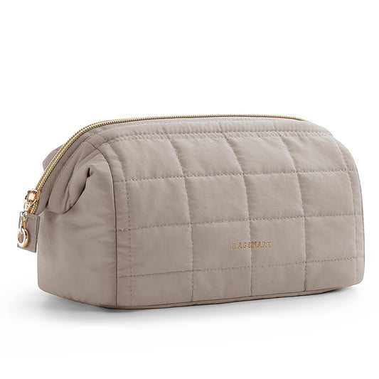 BAGSMART Makeup Bag Travel Toiletry Bag, Puffy Padded Make Up Bags for Women Makeup Organizer Case, Wide-open Pouch Purse Travel Essentials Toiletries Accessories Brushes, Camel