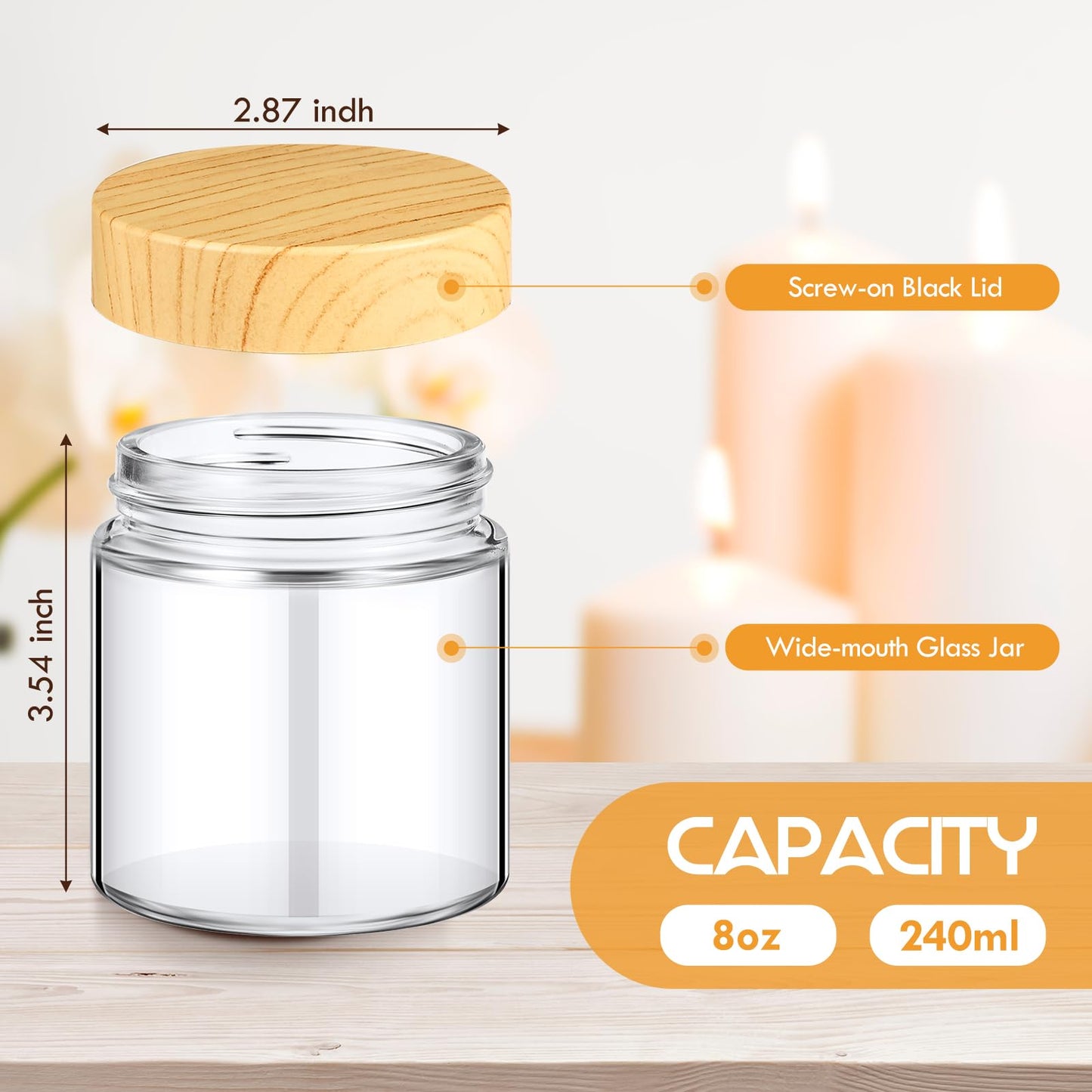 Norme 24 Pcs 8 oz Glass Jars with Lids Empty Small Glass Containers and Inner Liners Reusable Cosmetic Jars Round Airtight Bottles with Plastic Woodgrain Lids for Travel