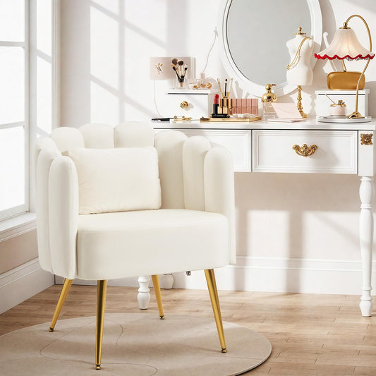 HOMREST Vanity Chair with Back,Velvet Accent Chairs,Petal Backrest Decorative Chair,Removable Pillow & Gold Legs - Plush Lounge Chair for Vanity, Living Room, Bedroom - Beige