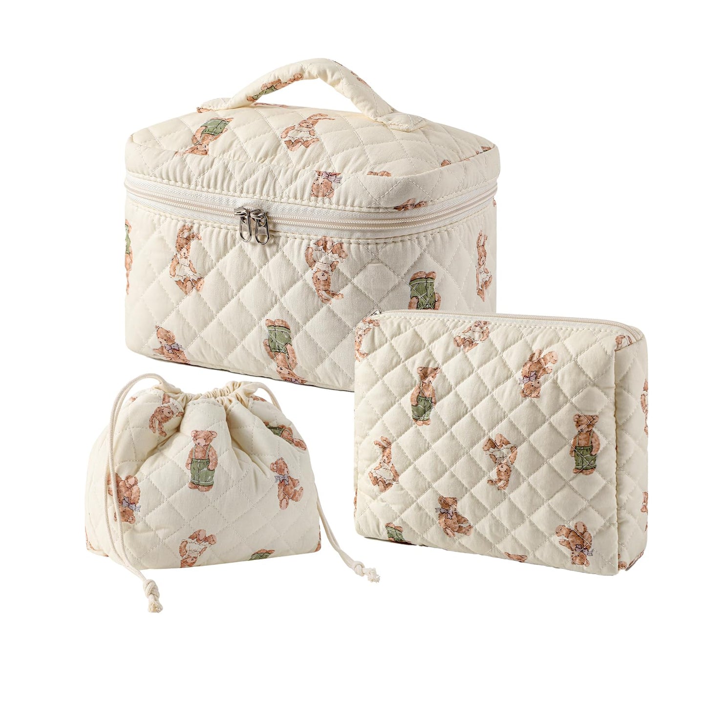 3pcs Large Cotton Quilted Makeup Bag Set,Coquette Aesthetic Cute Travel Toiletry Bag,Drawstring Gift Bag for Women and Girls(3Pcs White Bear)