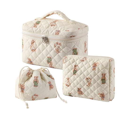3pcs Large Cotton Quilted Makeup Bag Set,Coquette Aesthetic Cute Travel Toiletry Bag,Drawstring Gift Bag for Women and Girls(3Pcs White Bear)