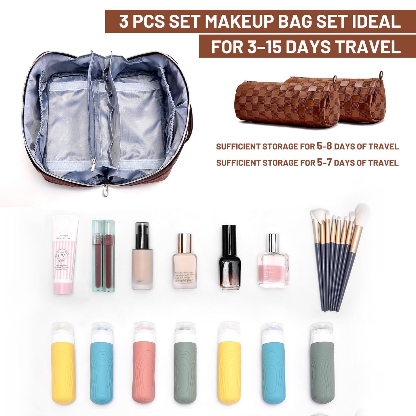 BOYATU Travel Makeup Bag Organizer: 3 Pcs Set Large Capacity Cosmetic Bags Holds 10–20 100ml Full-Size Bottles - 180°Open-Flat Make up Case 3-sec touch-up - Toiletry Bag Gift women (03-A-Coffee)