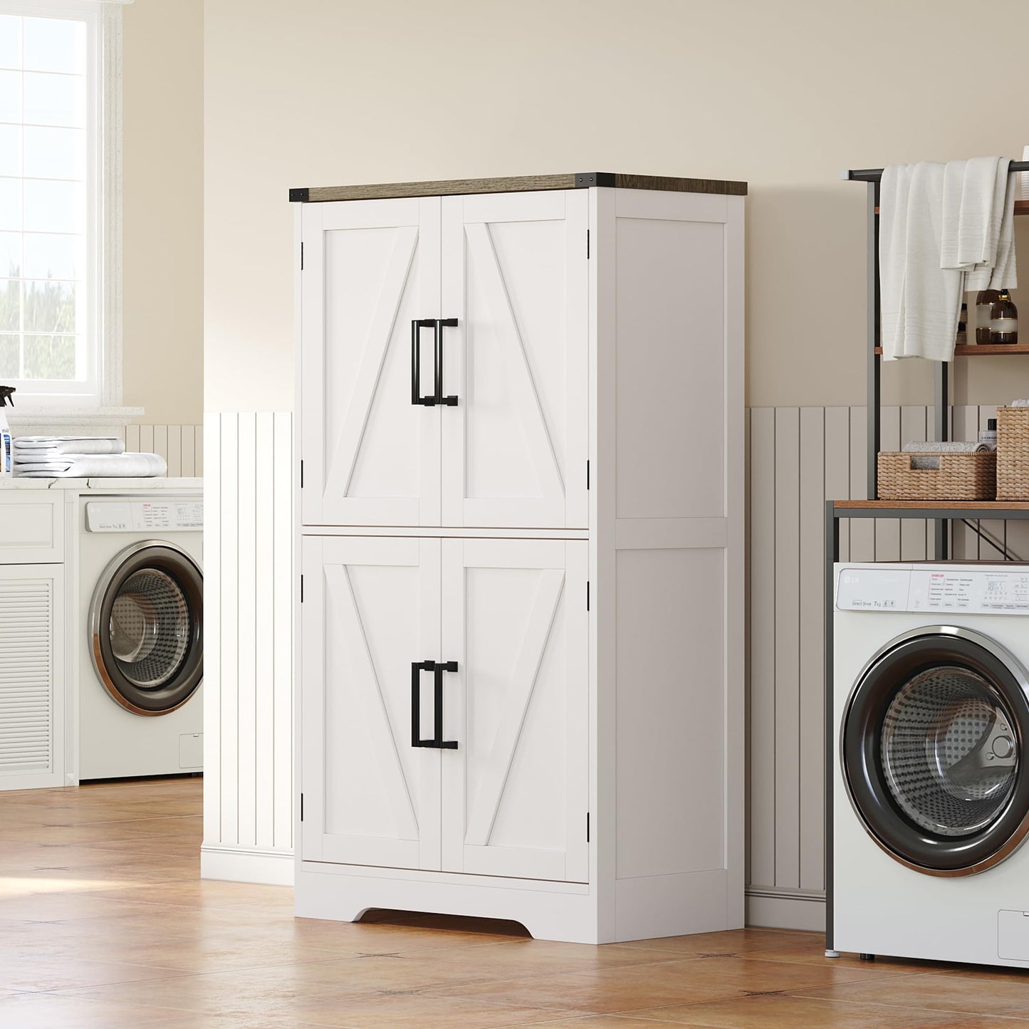 Treocho Narrow Bathroom Floor Cabinet, Farmhouse Bathroom Storage Cabinet with Doors and Adjustable Shelves, Freestanding Kitchen Pantry Cabinet, Cupboard for Living Room, Dining Room, White